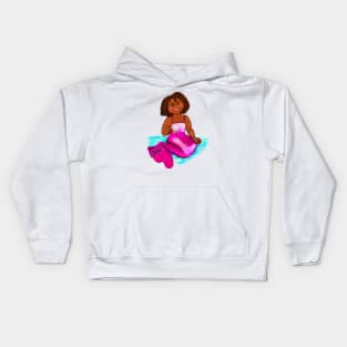 Cute Little Magical rainbow mermaid holding a pearl, brown eyes, Afro hair in two puffs and caramel brown skin - light background Kids Hoodie